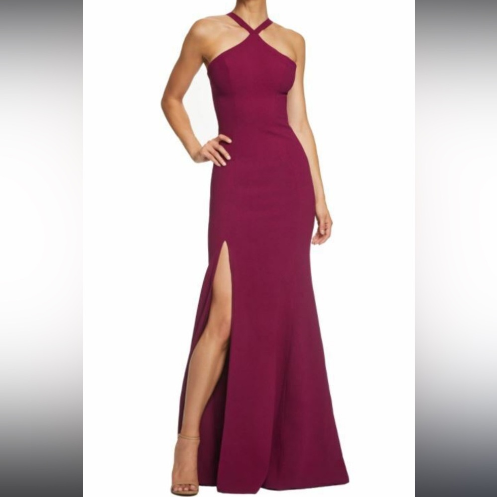 DRESS THE POPULATION Halter Gown Magenta 4